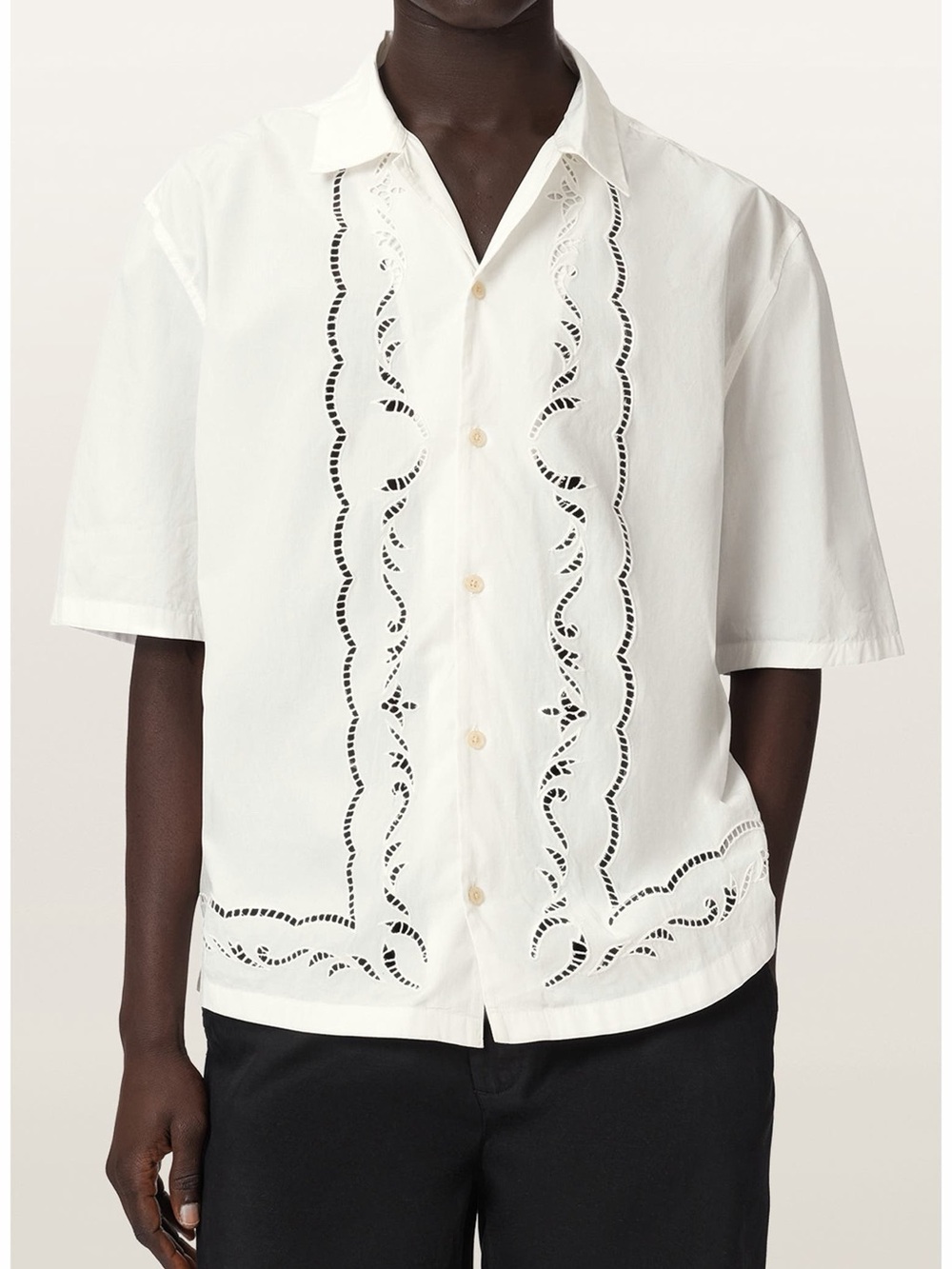 AllSaints Field Eyelet Detail White Short Sleeve Button-Down Shirt